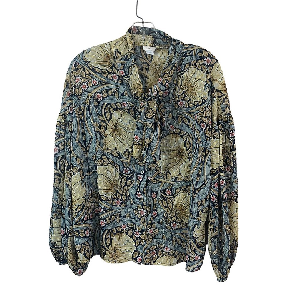 H&M Multicolor Button Front Bow Semi Sheer Floral Blouse Size 10